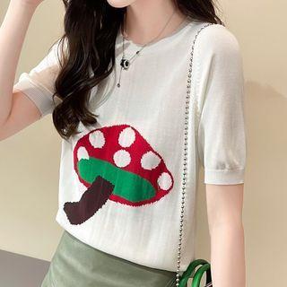 Elbow-sleeve Mushroom Print Knit Top