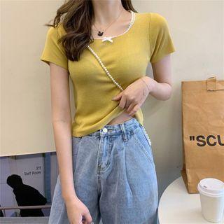 Short-sleeve Tie Accent Frill Trim Knit Top