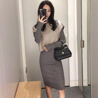 Set: Long-sleeve Knit Dress + Short-sleeve Top