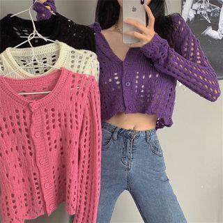 Plain Cropped Pointelle Knit Cardigan