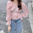 Puff Long-sleeve Square Neck Floral Ruffle Trim Chiffon Top Floral - Pink - One Size