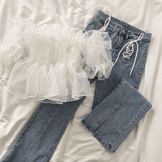 Short-sleeve Sheer Blouse / Lace-up Bootcut Jeans