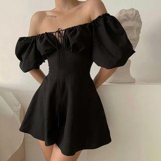 Off-shoulder Puff-sleeve Plain Tie-strap Cutout Dress