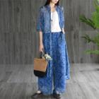 Set: Elbow-sleeve Patterned Light Jacket + Wide-leg Pants