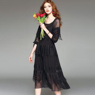 3/4-sleeve Lace Panel Chiffon Dress