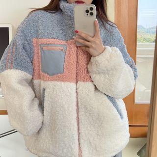 Loose-fit Stand-collar Color Panel Fleece Jacket