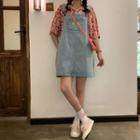 Floral Embroidered Denim Mini A-line Pinafore Dress