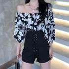 Off-shoulder Puff-sleeve Printed Top / High-waist Lace-up Shorts
