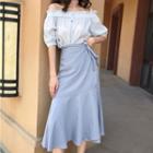Off Shoulder Elbow-sleeve Top / Midi A-line Skirt