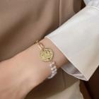 Embossed Disc Faux Pearl Alloy Bracelet Gold - One Size