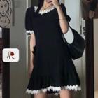 Eyelet Trim Puff-sleeve Mini A-line Dress Black - One Size