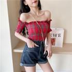 Short-sleeve Off-shoulder Plaid Smocked Top Plaid - Red - One Size