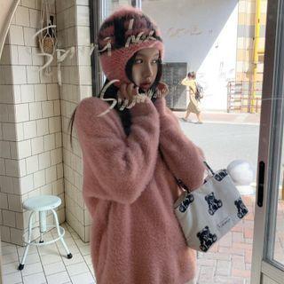 V-neck Fluffy Sweater Pink - One Size