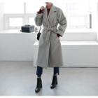 Stitched Wool Blend Long Coat With Sash