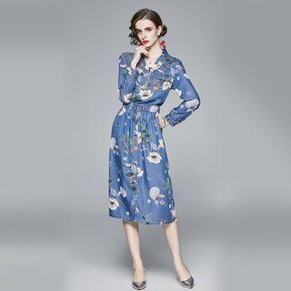 Long-sleeve Denim Floral Print Midi Dress