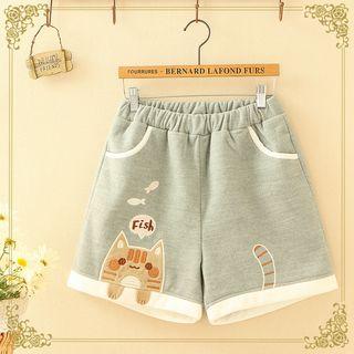 Cat Applique Shorts Grayish Green - One Size