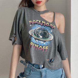Elbow-sleeve Cold-shoulder Print Cropped T-shirt