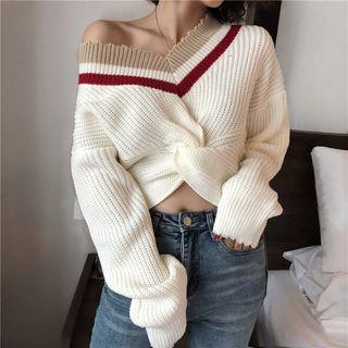 Off-shoulder Contrast-trim Knot-detail Sweater