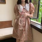 Short-sleeve Floral Print Button-up Midi Dress Red & Pink & Green - One Size
