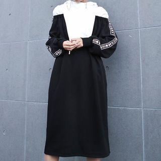 Two-tone Lettering Midi Hoodie Dress Black - One Size