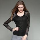 Perforated Lace Panel Long-sleeve Top