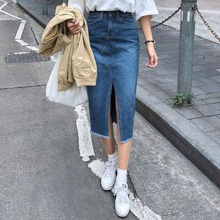 Cutout-front Denim Midi Pencil Skirt