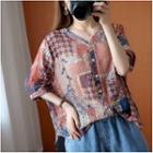 Printed Elbow-sleeve V-neck Blouse
