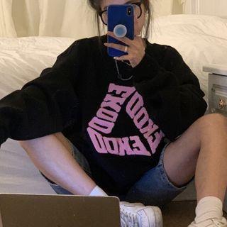 Long-sleeve Letter Print Fleece Sweatshirt Black - One Size