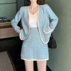 Contrast Trim Tweed Blazer / Mini Skirt