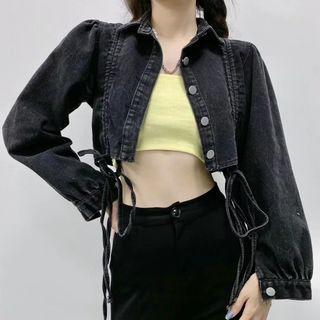 Long-sleeve Drawstring Crop Denim Jacket
