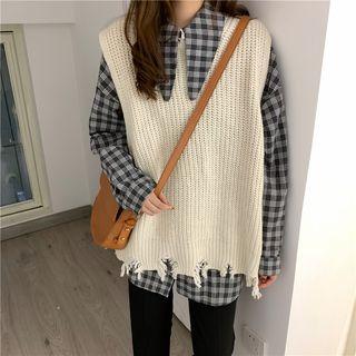 Long Sleeve Plaid Shirt / Knit Tank Top