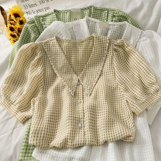 Pearl-trim Checker Crop Shirt
