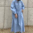 Puff-sleeve Plain Midi Dress Blue - One Size