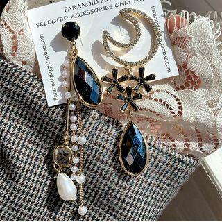 Non-matching Faux Crystal Faux Pearl Moon & Star Fringed Earring 1 Pair - As Shown In Figure - One Size