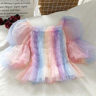 Rainbow Smocked Puff-sleeve Mesh Top As Shown In Figure - One Size