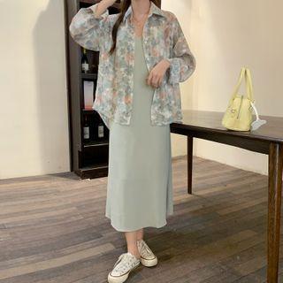 Long-sleeve Multicolored Shirt / Spaghetti Strap Midi A-line Dress