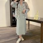Long-sleeve Multicolored Shirt / Spaghetti Strap Midi A-line Dress