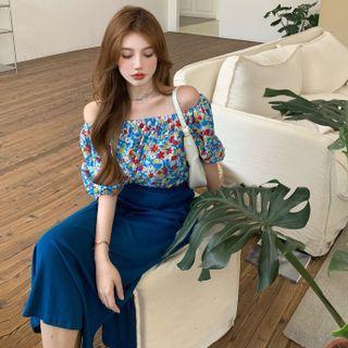 Off Shoulder Floral Blouse / High-waist A-line Skirt