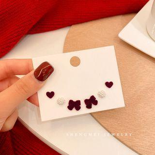 Flocking Bow / Heart / Faux Pearl Earring (3 Pairs) Set Of 6 - Red & White - One Size