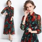 Long-sleeve Tie-neck Floral Print Midi A-line Chiffon Dress