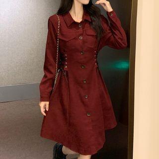 Plain Lace-up Midi A-line Shirtdress