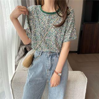 Crewneck Floral Print T-shirt Floral Print - Green - One Size