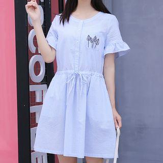 Leaf Embroidered Pinstriped Short Sleeve Dress