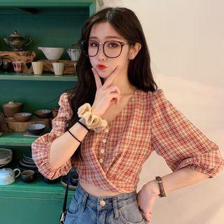 Plaid 3/4-sleeve V-neck Cropped Blouse