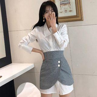 Set: Long-sleeve Shirt + Mini Plaid Sheath Skirt