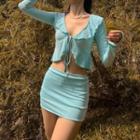 Set: Long-sleeve Frill Trim Tie-front Crop Top + Mini Fitted Skirt