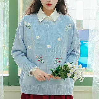 Flower Embroidered Sweater Sky Blue - One Size