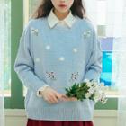 Flower Embroidered Sweater Sky Blue - One Size