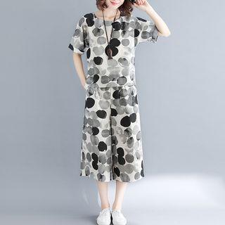 Set: Dotted Short-sleeve T-shirt + Crop Wide Leg Pants