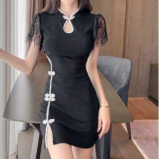 Short-sleeve Lace Cut Out Mini Sheath Dress